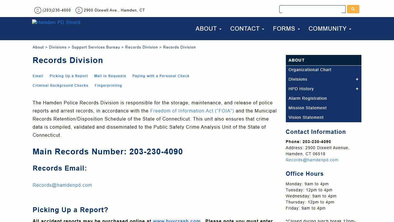 Records Division - Hamden Police Department, CT